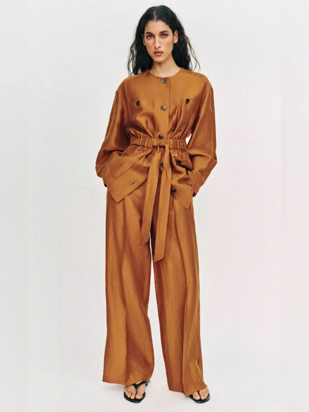 Zara Brown Linen Blend Pleated Wide Leg Trousers with Slits
